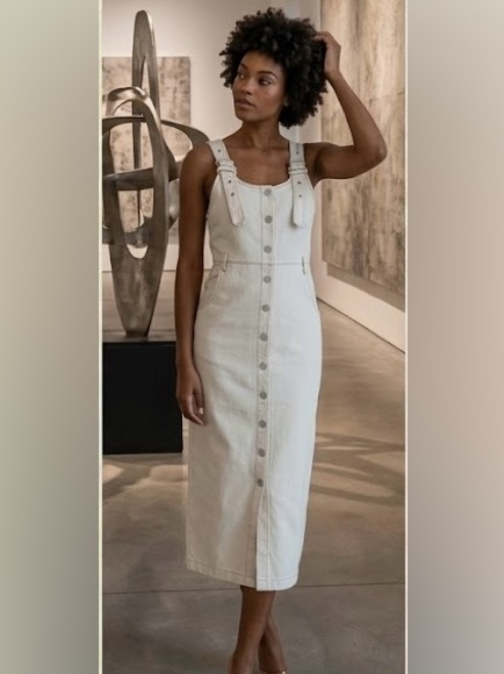 Blogger favorite Cream Denim Button-Front Midi Dress 100% Cotton, Buckle Strap